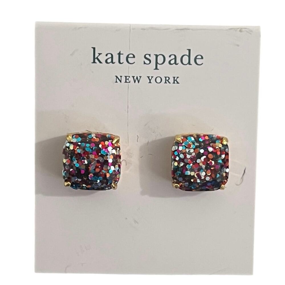 Kate Spade Glitter Crystal Square Gold Tone Stud Earrings Multicolor Rainbow NWT